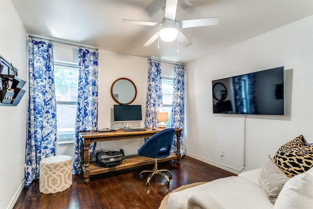 office space featuring hardwood / wood-style flooring and ceiling fan