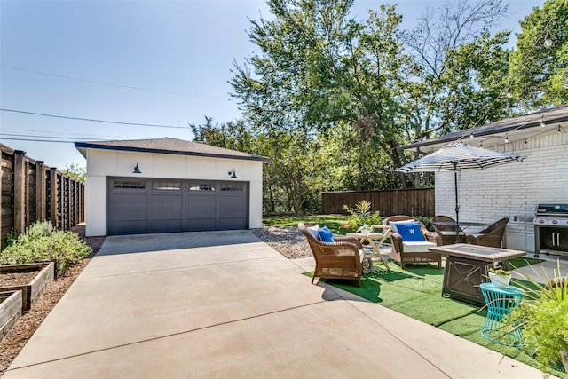 garage with a lawn