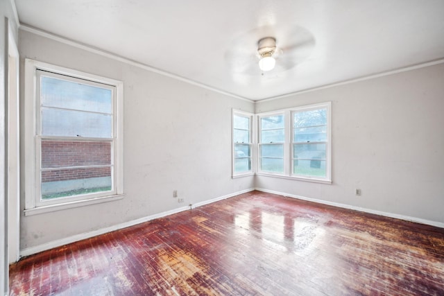 spare room with hardwood / wood-style floors, ceiling fan, and crown molding