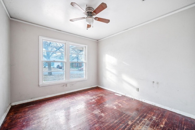 unfurnished room featuring ceiling fan, hardwood / wood-style floors, and ornamental molding