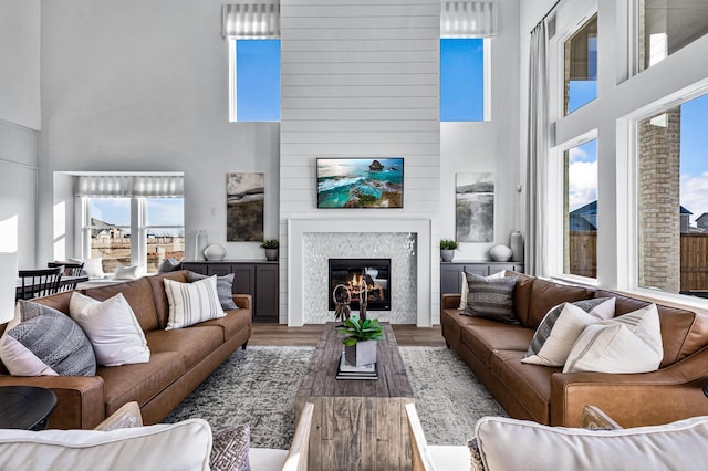 living room with a fireplace, a towering ceiling, and dark wood-type flooring