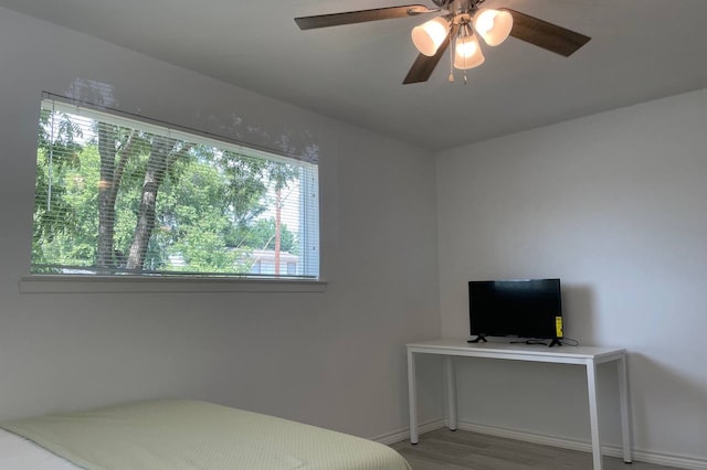 unfurnished bedroom featuring ceiling fan and wood-type flooring