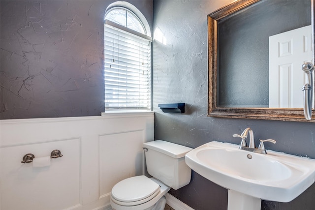 bathroom with toilet, a textured wall, a sink, and a wealth of natural light