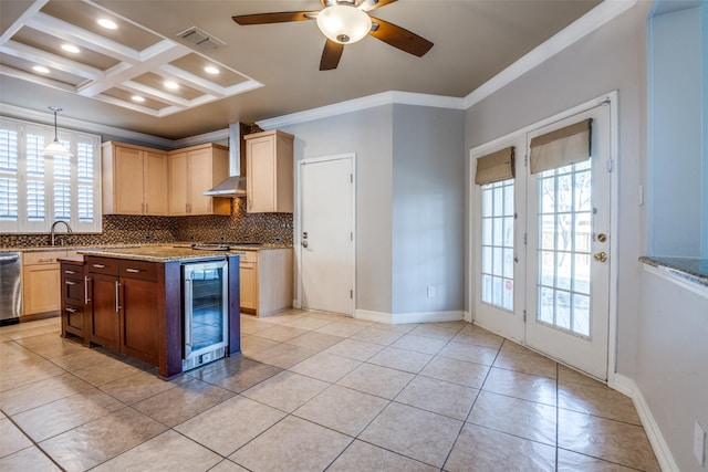 kitchen with stainless steel dishwasher, decorative backsplash, beverage cooler, coffered ceiling, and wall chimney exhaust hood