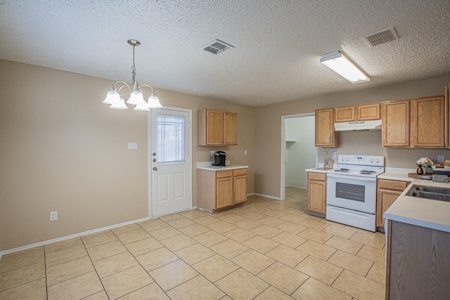 kitchen featuring a chandelier, a textured ceiling, decorative light fixtures, electric stove, and light tile patterned floors