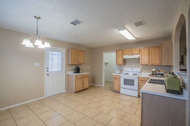 kitchen with an inviting chandelier, white range with electric cooktop, a textured ceiling, decorative light fixtures, and light brown cabinetry