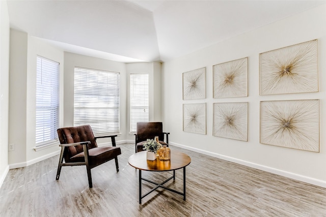 sitting room featuring plenty of natural light, hardwood / wood-style floors, and lofted ceiling