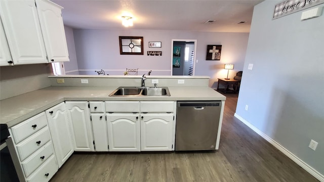 kitchen with kitchen peninsula, dark wood-type flooring, sink, dishwasher, and white cabinetry