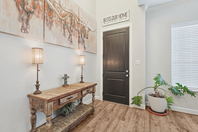 foyer entrance with wood-type flooring and ornamental molding