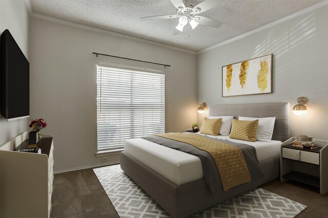 bedroom with dark colored carpet, a textured ceiling, multiple windows, and ceiling fan