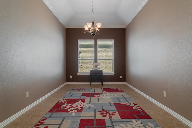 interior space with a chandelier, lofted ceiling, and ornamental molding