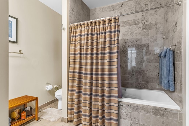 bathroom featuring toilet and shower / tub combo with curtain