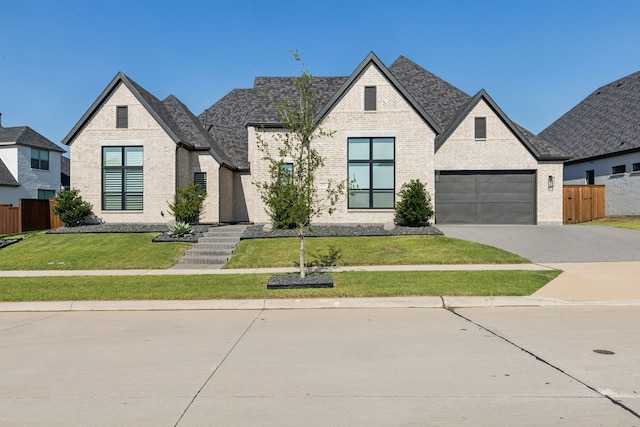 french country style house featuring a garage, concrete driveway, brick siding, and a front lawn