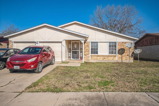 ranch-style house featuring a garage and a front lawn