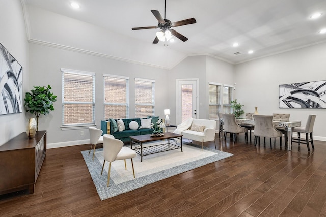 living room featuring ceiling fan, dark wood-type flooring, and lofted ceiling