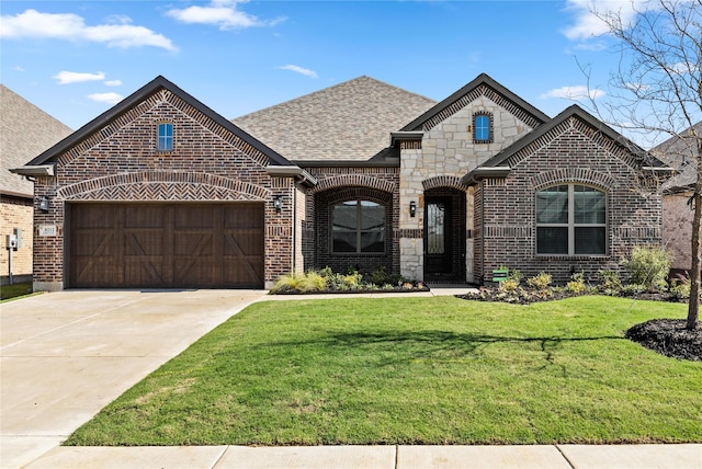 french country inspired facade featuring a front yard and a garage