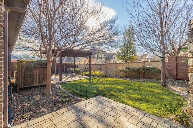 view of yard featuring a patio area, a fenced backyard, and a pergola