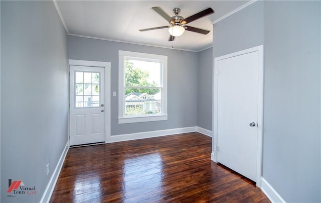 interior space with ceiling fan, dark hardwood / wood-style flooring, and ornamental molding