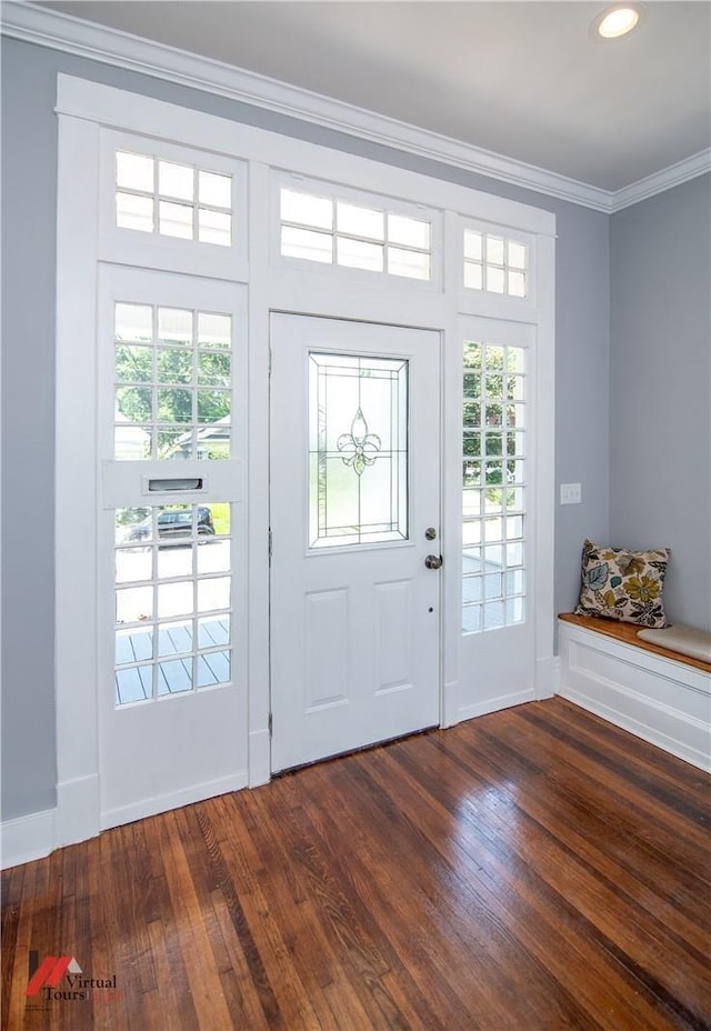 entryway featuring ornamental molding and dark wood-type flooring