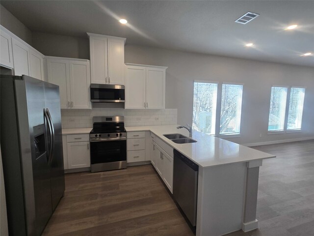 kitchen with white cabinetry, sink, dark hardwood / wood-style flooring, kitchen peninsula, and appliances with stainless steel finishes