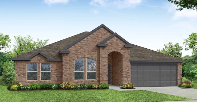 view of front of home with brick siding, driveway, a garage, and roof with shingles