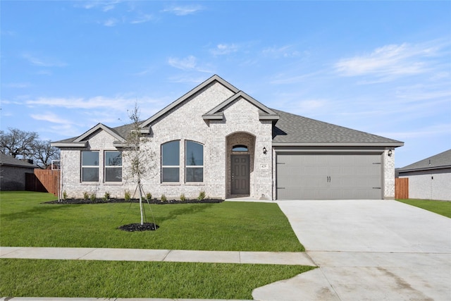 french country inspired facade featuring a front yard, fence, driveway, an attached garage, and brick siding