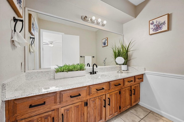 bathroom featuring ceiling fan, vanity, and tile patterned flooring