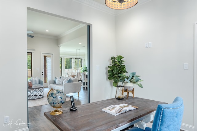 dining room featuring a notable chandelier, wood-type flooring, and ornamental molding