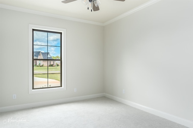 carpeted spare room with ceiling fan and ornamental molding