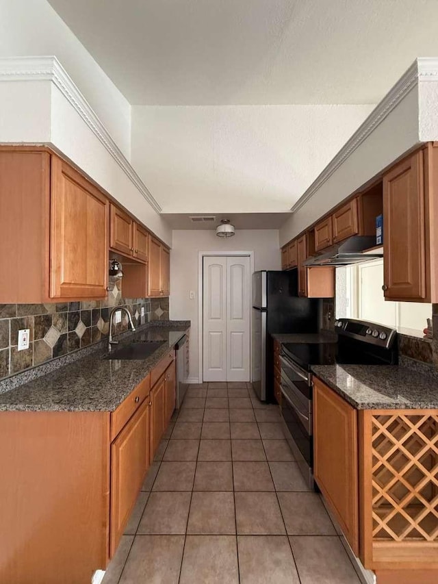 kitchen with stainless steel dishwasher, black electric range oven, dark stone countertops, and sink