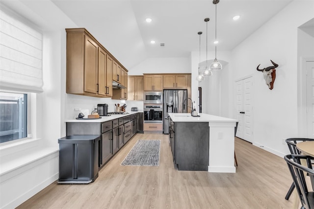 kitchen featuring vaulted ceiling, a center island with sink, a wealth of natural light, pendant lighting, and stainless steel appliances