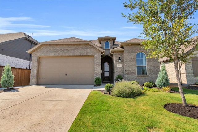 mediterranean / spanish-style home with a garage and a front lawn