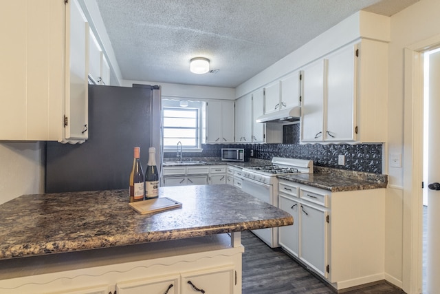 kitchen with sink, decorative backsplash, white gas stove, dark hardwood / wood-style flooring, and white cabinetry