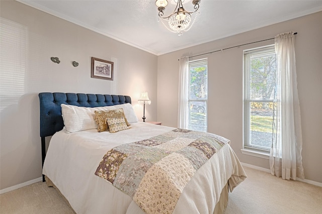 bedroom with crown molding, light carpet, baseboards, and a notable chandelier