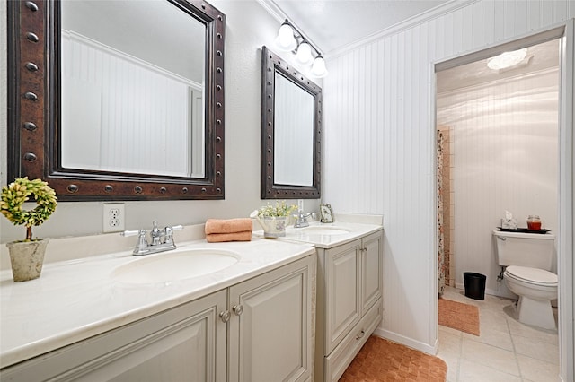 full bath with toilet, tile patterned flooring, vanity, and ornamental molding