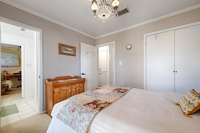 503 Mockingbird St, Bonham, TX 75418 - bedroom with light colored carpet, ornamental molding, and a chandelier