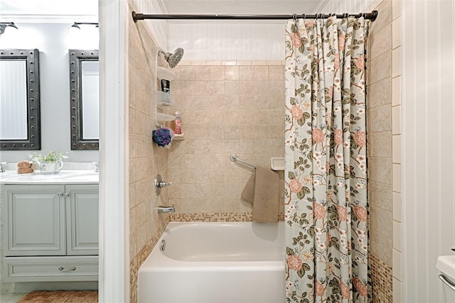 bathroom with vanity and shower / tub combo with curtain