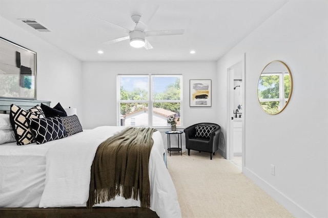 bedroom with carpet flooring and ceiling fan