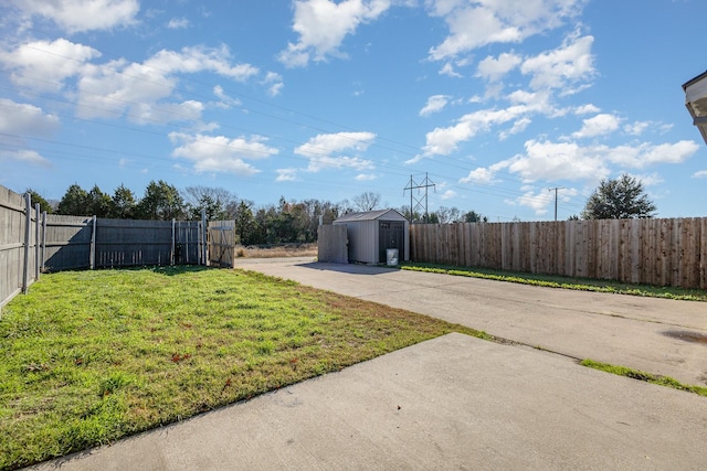 view of yard with a patio area and a storage shed