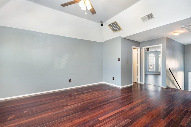 unfurnished room featuring dark hardwood / wood-style floors, ceiling fan, and lofted ceiling