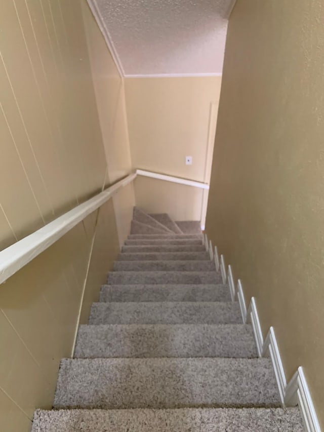 stairway with a textured ceiling