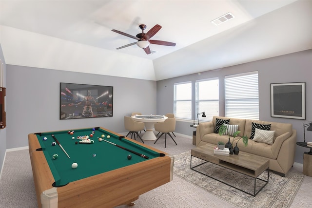 game room with carpet floors, vaulted ceiling, ceiling fan, and pool table