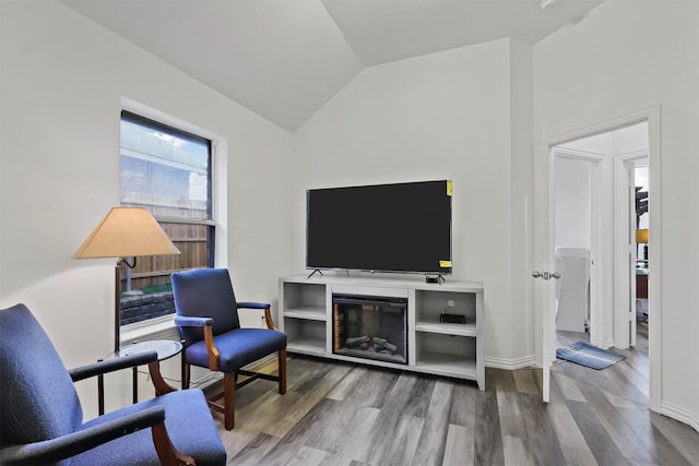 living area featuring wood-type flooring and vaulted ceiling