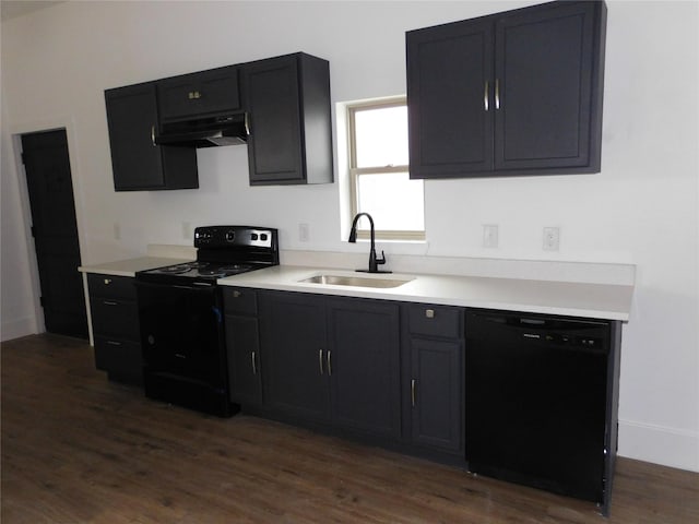 kitchen featuring sink, dark hardwood / wood-style floors, and black appliances