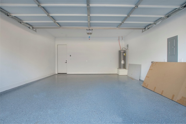 garage with electric water heater, electric panel, and a garage door opener