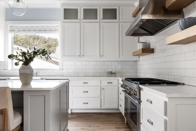 kitchen featuring tasteful backsplash, white cabinetry, high end stainless steel range, and exhaust hood