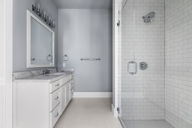 bathroom featuring tile patterned floors, vanity, and walk in shower