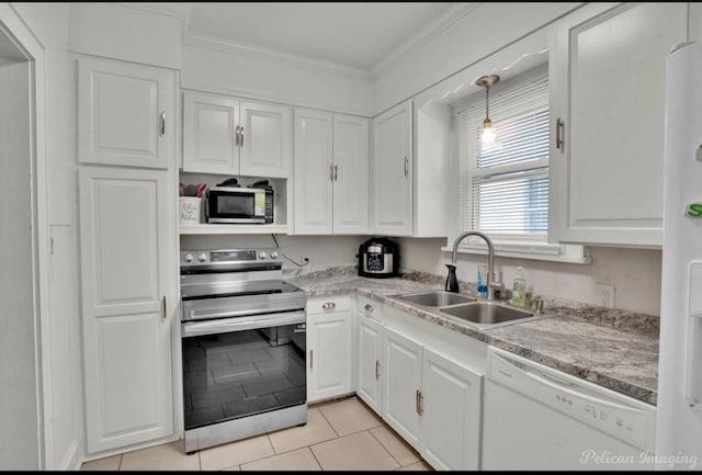 kitchen featuring sink, light tile patterned floors, white dishwasher, stainless steel electric stove, and white cabinets