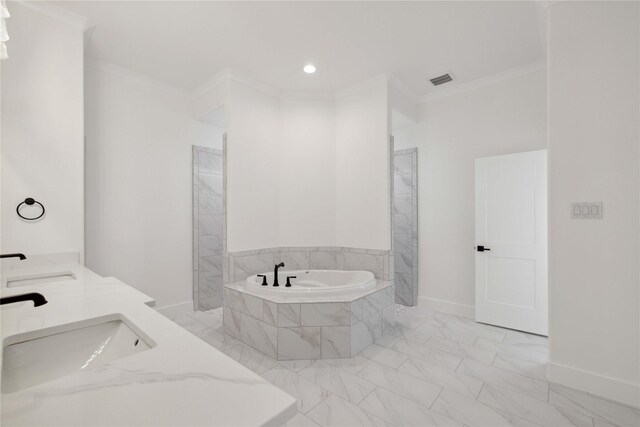 bathroom featuring separate shower and tub, ornamental molding, and sink