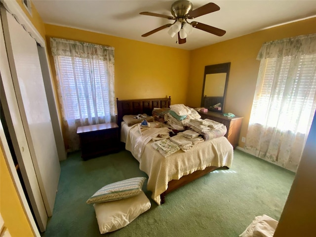 bedroom featuring ceiling fan, carpet flooring, and a closet